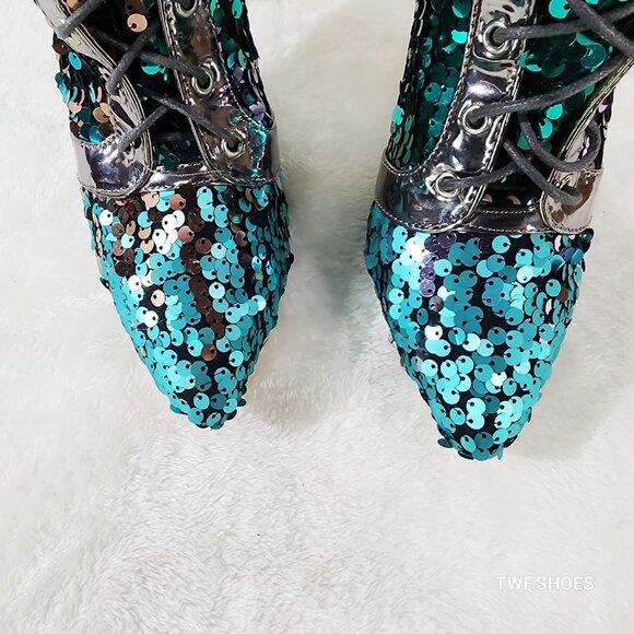 Over the Knee Thigh High Lace Up Stiletto Heel Sequin Boots Pewter - Picture 9 of 11